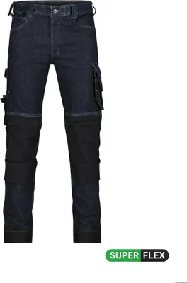 A pair of dark blue work jeans with black reinforced knee and lower leg sections, presented against a white background.