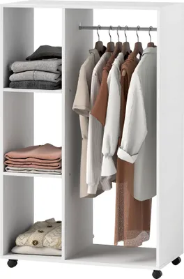 Produktbild von Kleiderschrank auf Rollen, mobile Garderobe, Garderobenschrank, Rollbarer Kleiderständer, 80 x 40 x 128 cm, Weiß