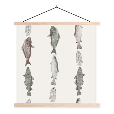 Produktbild von MuchoWow® Textilposter Vintage-Illustration einer Reihe von Fischen 40x40 cm mit holzfarbenen Rahmen - Posterleiste