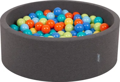 Zdjęcie produktu dla KiddyMoon suchy basen okrągły z piłeczkami 7cm ciemnoszary: jasny zielony-pomarańcz-turkus-niebieski-babyblue-żółty 90x30cm/300piłek zabawka basen piankowy
