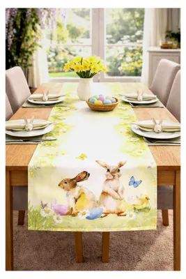 Produktbild von Tischläufer Ostern & Frühling – 40x140 cm mit Hasen & Blumen – Waschbarer bunter Tischläufer – Dekorative Tischwäsche für Küche & Wohnzimmer