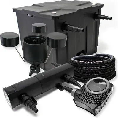 Produktbild von Wiltec Komplettset: CBF-350 Teichfilter bis 12000 L Teichfilteranlage Durchlauffilter, NEO10000 Teichpumpe 10000l/h 80W, CUV-236 Teichklärer 36W, 25m Teichschlauch 25 mm, CSP-250 Skimmer 2500l/h 45W