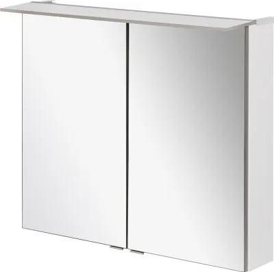 A white bathroom cabinet with mirrored doors is shown against a white background.
