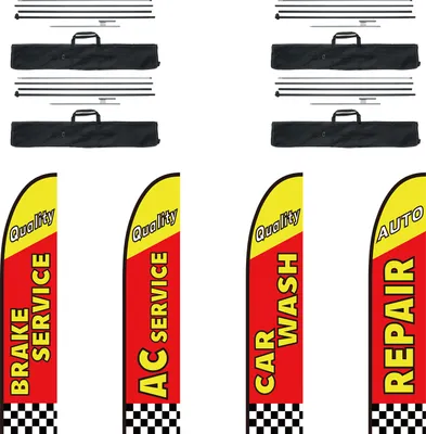 Obrázek produktu pro VEVOR reklamní vlajka s peřím pro autoservisy se sadou žerdí, reklamní vlajky pro firmy na venkovních plochách, včetně 4 bannerových vlajek, 4 žerdí, 4 zemních kolíků, vlajky swooper na 5 m