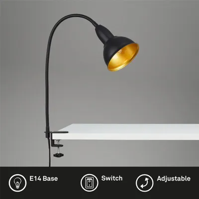 Image de Lampe pince rétro E14 métal noir or Ø114mm bras flexible 50cm IP20 interrupteur lumière blanche chaude lampe bureau lecture chambre