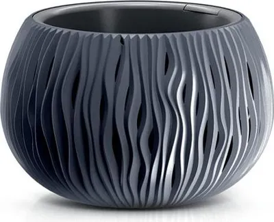 A dark gray, spherical planter with a wavy, textured exterior.