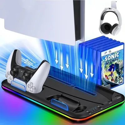 Produktbild von Vertikaler Ständer mit Lüfter und 3 LED-Modi für PS5, Ladestation für 2 Playstation 5 Controller