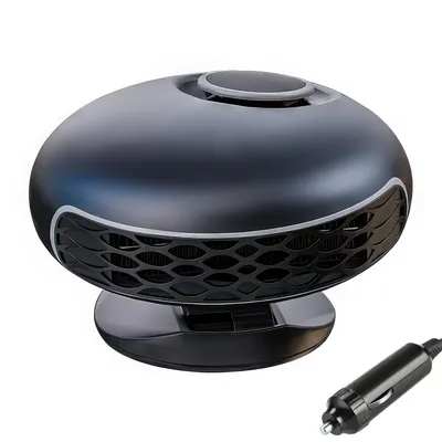 A black and gray car heater with a car charger plug.