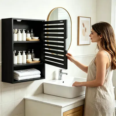 Image de Armoire de salle de bain suspendue en bambou, 3 étagères, 1 porte, 60 x 40 x 20 cm