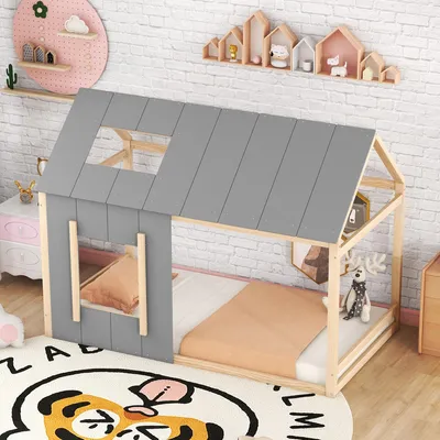 Image de MODFU Lit Enfant 90x200 cm - Lit Cabane avec Fenêtre et Toit Incliné, Bois Massif et MDF, Sans Matelas, Naturel