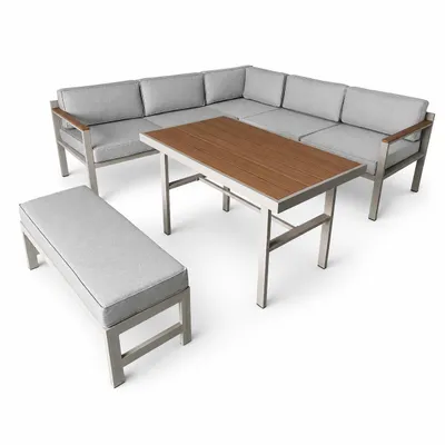 Produktbild von greemotion Gartenlounge-Set Miami Lounge-Set Taupe-Holz / Grau inkl. Auflagen, Tisch & Hocker