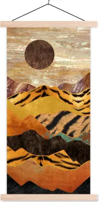 Produktbild von MuchoWow® Textilposter Tigerdruck - Marmor - Gold 60x120 cm mit holzfarbenen Rahmen - Holz