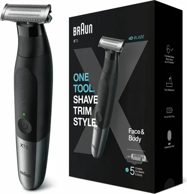 A Braun XT5100 shaver and its packaging are displayed against a black background.