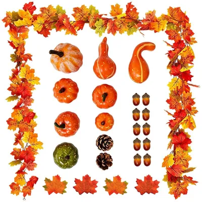 Immagine prodotto di Ghirlanda autunnale di 175 cm con foglie d'acero, zucche, pigne e ghiande