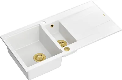 Produktbild von QUADRON Spülbecken 1,5-Becken Spüle | Größe: 100 x 50 x 21/16 cm | EVAN 156 | Küchenspüle Granitspüle aus GraniteQ mit Siphon | Weiß & Golden