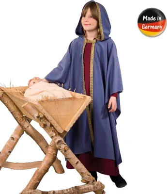 Krippenspiel Kostüm Maria für Kinder von Vorne an einer Krippe stehend mit Symbolhinweis made in Germany