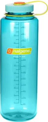 A close-up studio shot of a blue Nalgene water bottle.