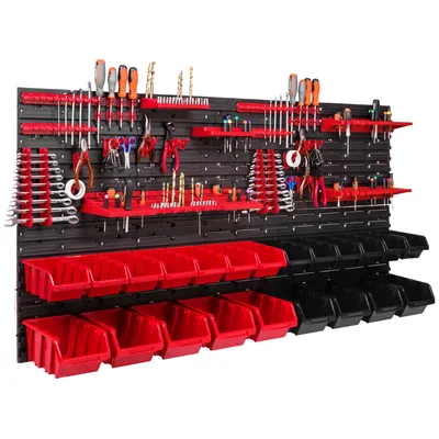Obrázek produktu pro 22 stohovacích boxů Nástěnné regály na nářadí Dílenské regály na nářadí 156x78cm Nástěnné regály na nářadí Skladovací systém Hromadné regály Vizuální úložné boxy Extra silné nástěnné panely Regály Rozšiřitelné dílenské regály Re