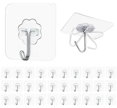 Produktbild von Extra starke selbstklebende Haken, 30 Stück, transparente selbstklebende Haken, kein Bohren erforderlich (max. 10 kg), selbstklebende Wandhaken für Küche, Bad, Wand- und Deckenmontage.