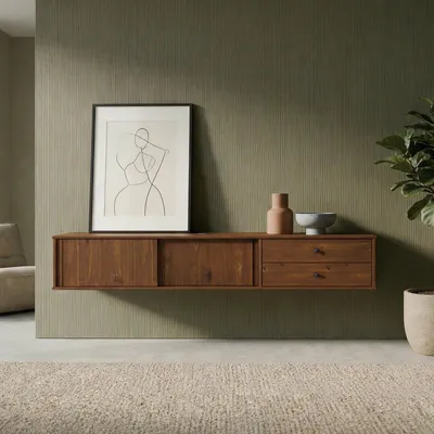 Produktbild von Lowboard SIMONA 175 cm hängend aus Massivholz, Kastanie Finish - TV Schrank mit 2 Schiebetüren und Schubladen, Wohnzimmermöbel im Mid Century Style, ideal als TV Board.