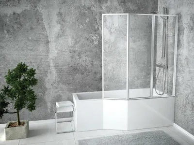 Produktbild von BADLAND Eckbadewanne Badewanne Integra RECHTS 170x75 mit Acrylschürze, Glasabtrennung, Füßen und Ablaufgarnitur GRATIS