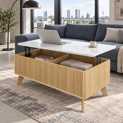 Produktbild von BPKADHY Couchtisch mit Hubfunktion und Stauraum, 105x53x42 cm, Sofatisch mit Tischplatte in Marmoroptik, Naturholzfarbe, Rillenfront