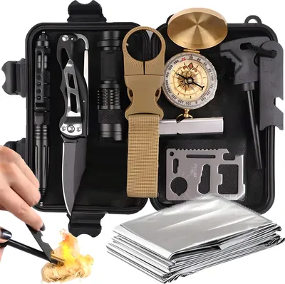 Produktbild von Survival Kit Outdoor Set Camping Professionelle Notfall Wandern Ausrüstung Außen Bushcraft ReisenTaschenlampe Messer Schwarz Retoo