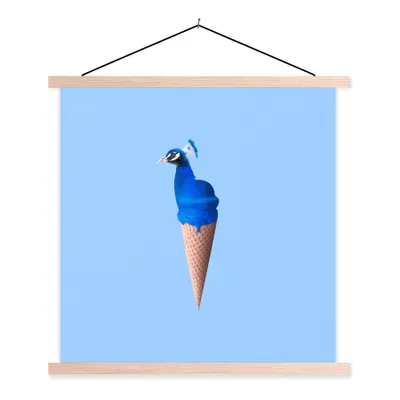 Produktbild von MuchoWow® Textilposter Pfau - Eistüte - Eiscreme - Blau - Vogel 120x120 cm mit holzfarbenen Rahmen - Textil-Poster