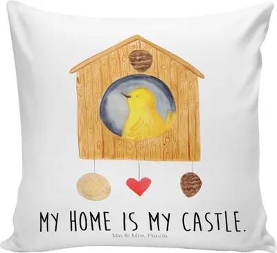 Produktbild von Mr. & Mrs. Panda kuschelkissen 40x40 Vogel Haus - Weiß - Geschenk, Familie, Polster, Wohnung, Vogelhaus, Dekokissen, Sofakissen, zier kissen, Lustige Sprüche, Zuhause