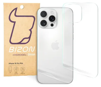 A Bizon Hydrogel Glass screen protector for an Apple iPhone 16 Pro Max is shown next to the phone.