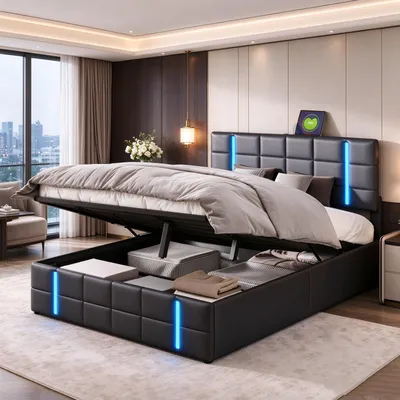 Immagine prodotto di Letto imbottito INONEFT 160x200 cm con USB, letto box con sistema a molle e spazio contenitore, letto per ragazzi con spazio contenitore, ecopelle, nero