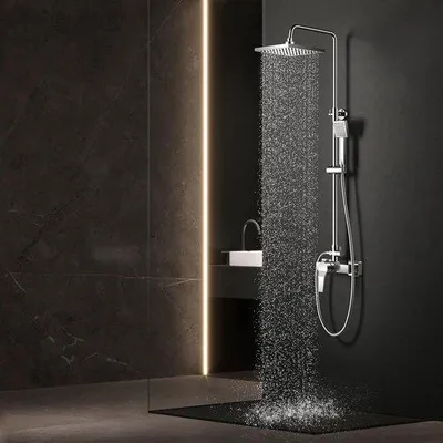Produktbild von Famanu Duschset mit Mischbatterie, verstellbarer Duschstange und quadratischer Regendusche - Silber