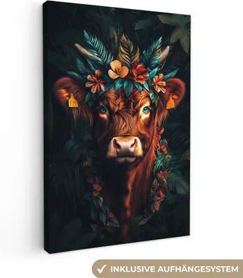 Obrázek produktu pro Obrazy na plátně 40x60 cm - Zvířata, Květiny - Skotský horal, Obrazy Obývací pokoj Moderní, Nástěnná dekorace