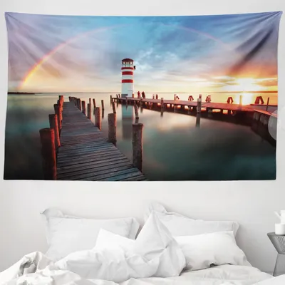 Produktbild von ABAKUHAUS Leuchtturm Wandteppich, Wolken Sonnenuntergang am Meer aus Weiches Mikrofaser Stoff Waschbar ohne Verblassen Digitaldruck, 230 x 140 cm, Mehrfarbig