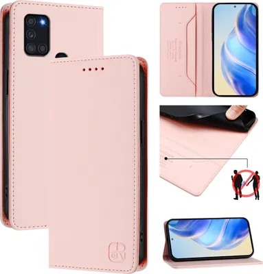 Obrázek produktu pro Kožené pouzdro pro Samsung Galaxy A21S, flipové pouzdro s přihrádkami na karty, peněženkou a stojánkem Růžový