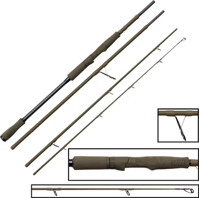 Multiple fishing rods are displayed diagonally against a white background, with close-up insets showing handle details and guides.