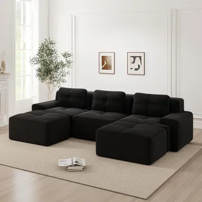 Produktbild von Modulares Cloud-Sofa U-förmig, Corduroy Polstersofa 3-Sitzer mit Hocker, Wohnlandschaft ohne Montage