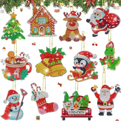 Productafbeelding van Diamond Painting Kerstornamenten, 12 stuks, DIY knutselset, sleutelhanger, 7 cm