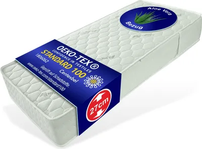 A white mattress with a blue band wrapped around it, showing product information.