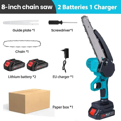 Immagine prodotto di Mini motosega a batteria, 20 cm, 800 W, con 2 batterie ricaricabili. Motosega manuale compatta per il taglio di rami e legno