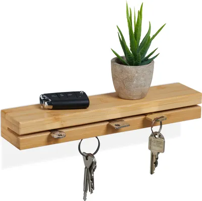 Obrázok produktu pre Relaxdays doska na kľúče, magnetický držiak na kľúče s odkladacou plochou, bambus, šírka: 29,5 cm, nástenný držiak na kľúče, prírodná farba