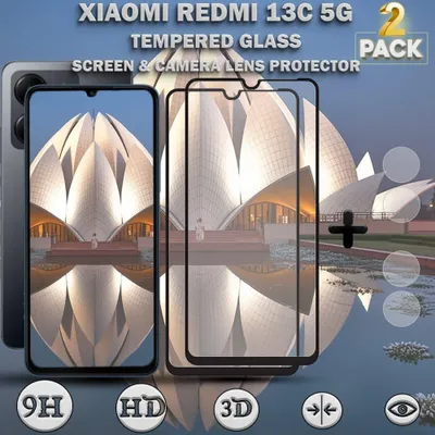 Obrázok produktu pre 2-balenie XIAOMI REDMI 13C 5G Ochranné sklo na displej & 2-balenie ochrana objektívu - Tvrdené sklo 9H - Super kvalita 3D