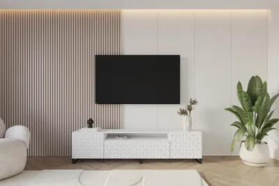 Produktbild von ALTDECOR TV-Schrank VIRA-S mit Gefrästen Fronten 200x53x41 Lowboard, TV Möbel, TV Cabinet, Fernsehtisch, Fernseher Schrank, TV Kommode, TV Tisch, TV Sideboard, TV Board - Weiß