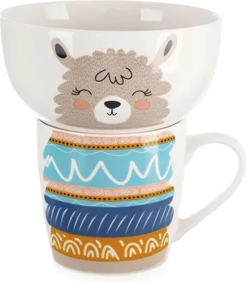 Obrázok produktu pre Detský hrnček s miskou, porcelánová lama, 2 ks.