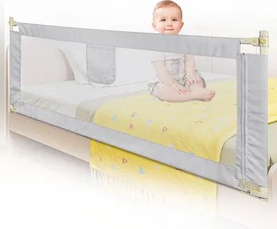 Produktbild von 200cm Baby Bettgitter Kinder Bettgitter Bettschutzgitter Höhenverstellbar Rausfallschutz für Bett hellgrau