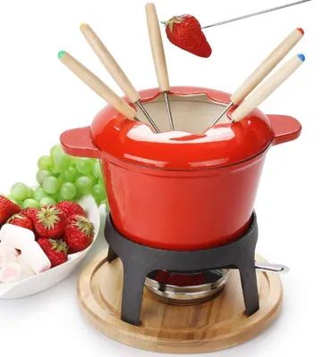Produktbild von Fondue Set Keramik Gusseisen mit 6 Gabeln für Käse & Schokolade, Rot