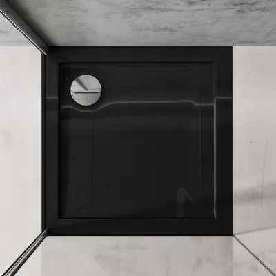 Produktbild von doporro Duschtasse Duschwanne 70x70x4 flach inkl. Ablaufgarnitur AL01 aus Acryl in Schwarz Quadratisch DIN-Anschlüsse für bodenebene Montage geeignet Faro1