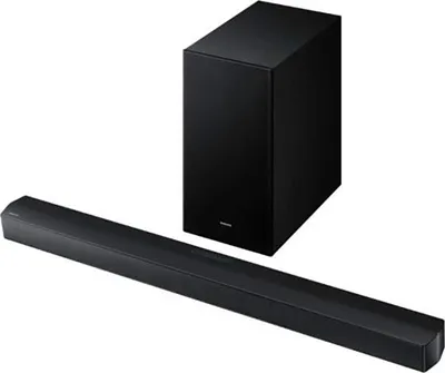 A black soundbar and subwoofer are displayed against a white background.