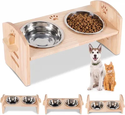 Image de Gamelle pour chien avec support, pour petits chiens et chats, 2 bols en acier inoxydable, réglable, pour animaux de compagnie