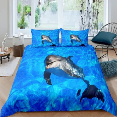 Produktbild von Bettwäsche Set 135x200cm mit Delphin Motiv für Kinder, Mikrofaser, 1 Kissenbezug 80x80cm